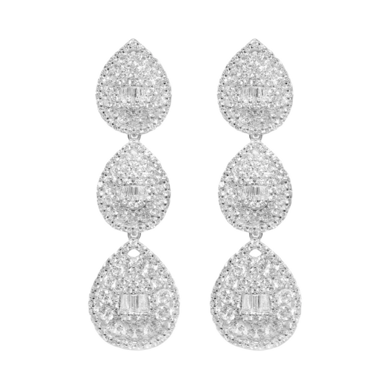Sterling Silver CZ 3 Teardrop Dangling Chandelier Earrings