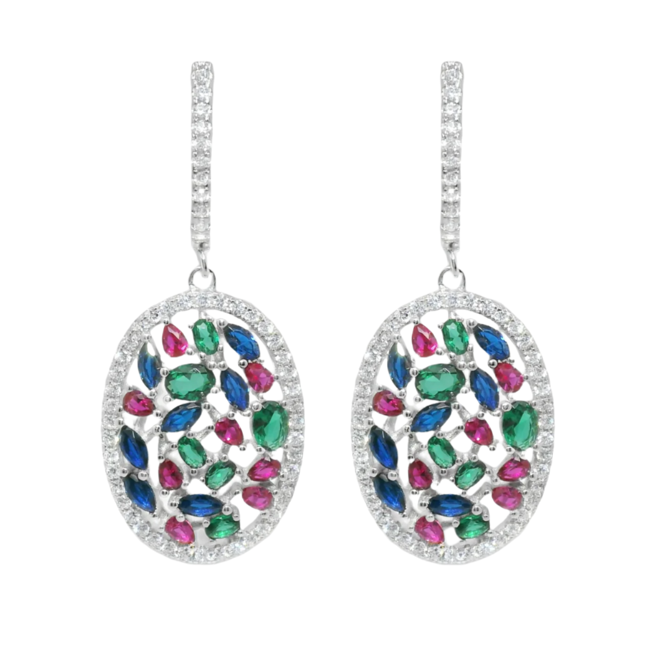 Sterling Silver Multi-Color CZ Cluster Oval Dangling Huggie Earrings