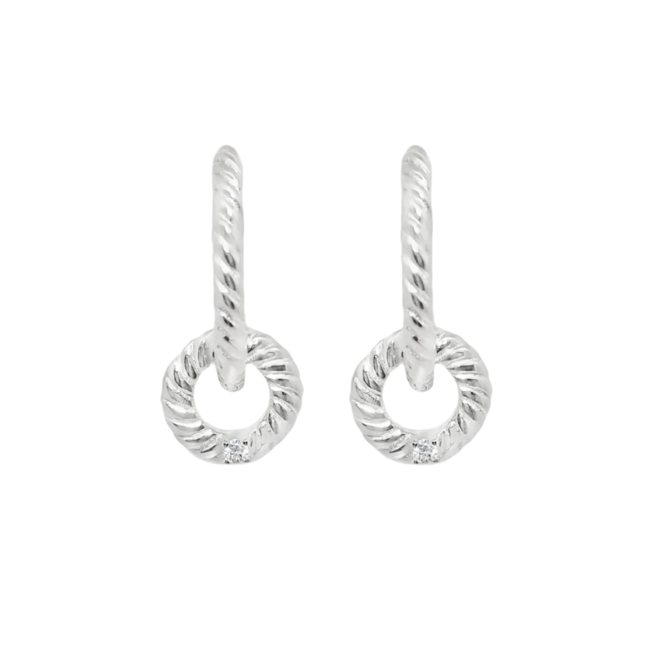 Sterling Silver Dangling Circle CZ Rope Hoop Earrings