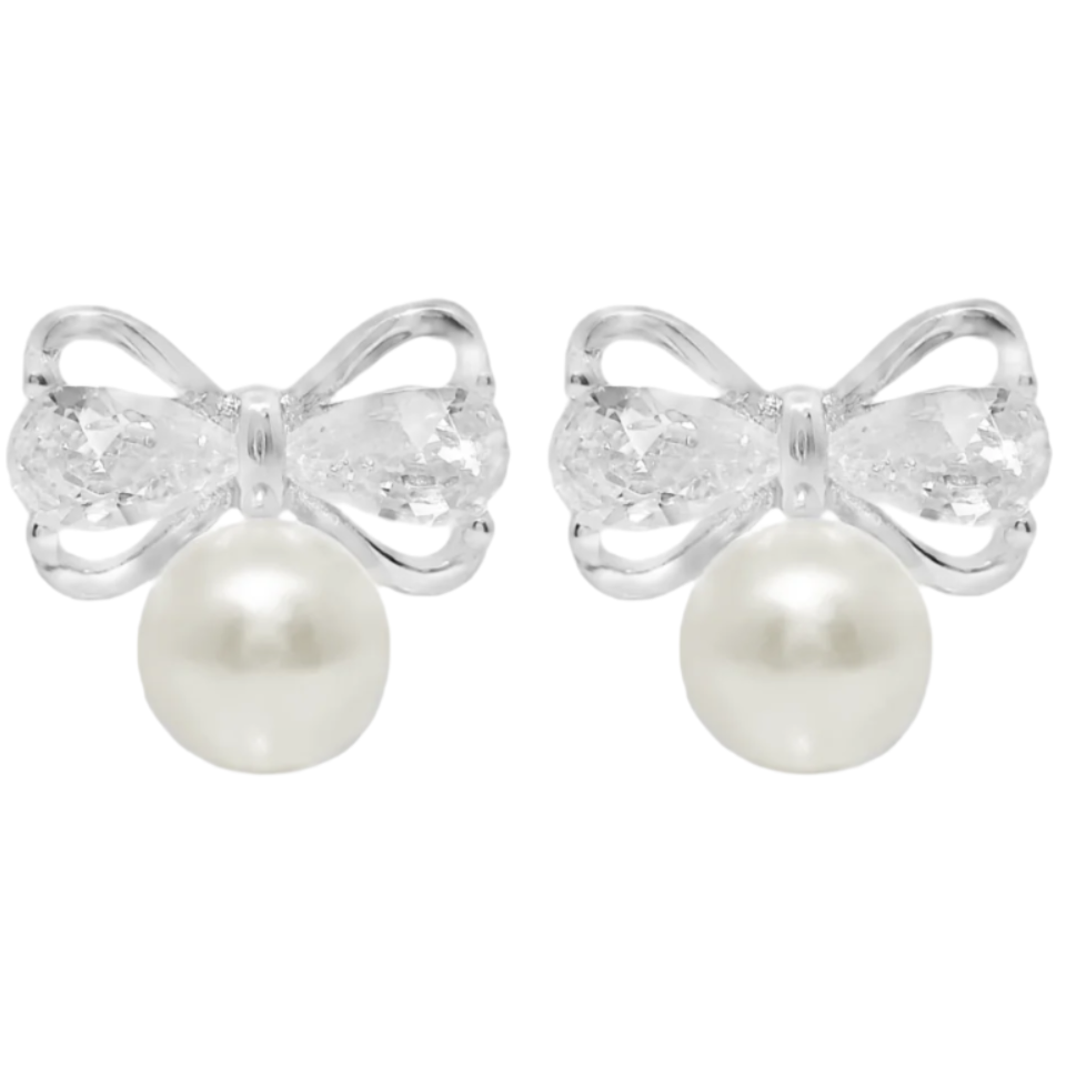 Sterling Silver CZ & Pearl Ribbon Bow Shape Earrings