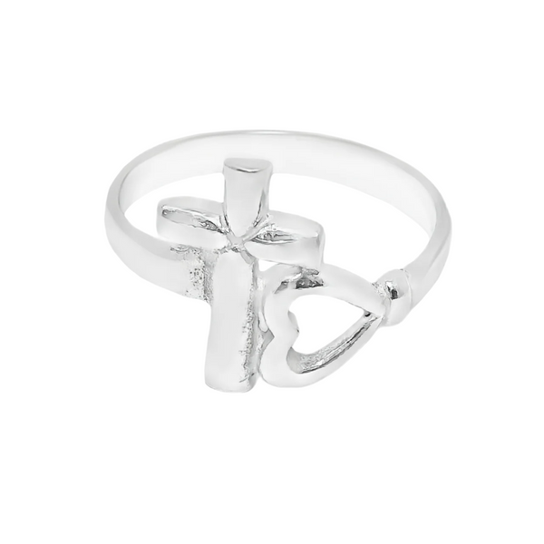 Sterling Silver Heart & Cross Ring