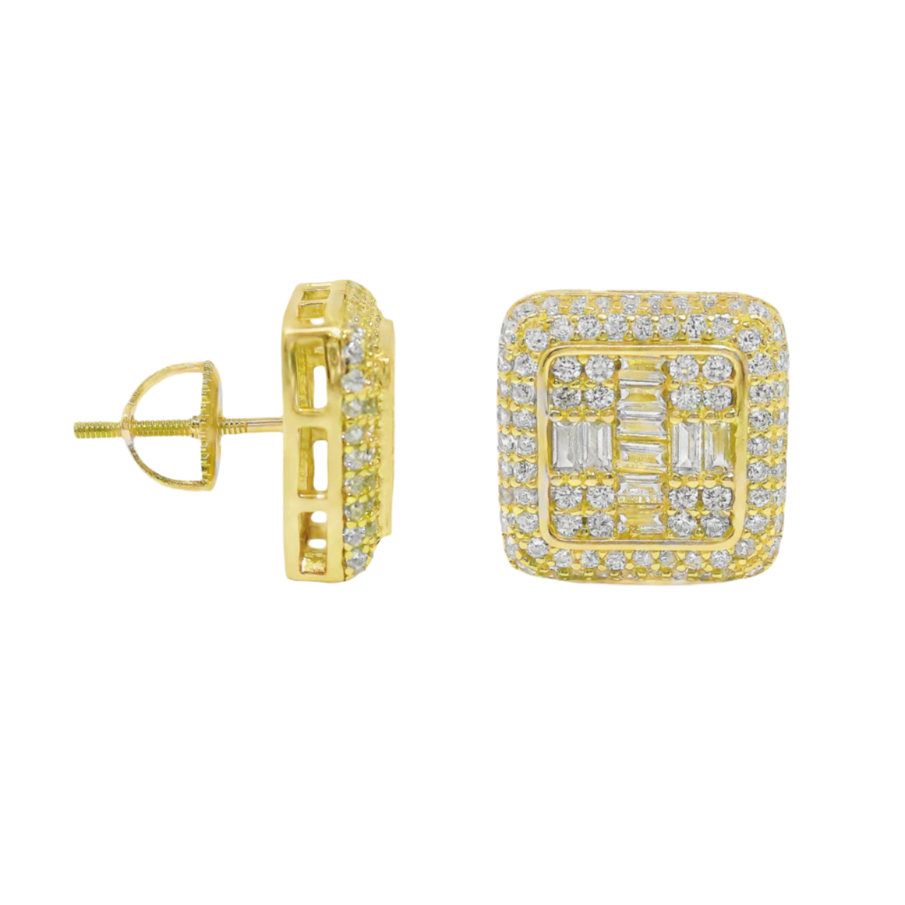 Sterling SIlver Gold Plated Square Baguette CZ Screwback Earrings