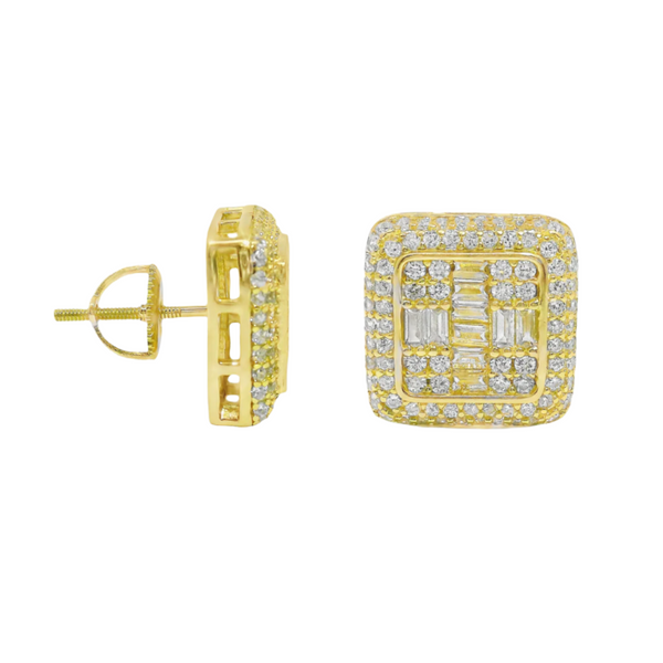 Sterling SIlver Gold Plated Square Baguette CZ Screwback Earrings