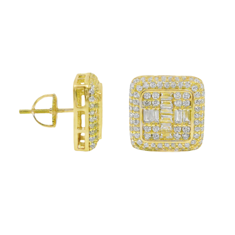 Sterling SIlver Gold Plated Square Baguette CZ Screwback Earrings