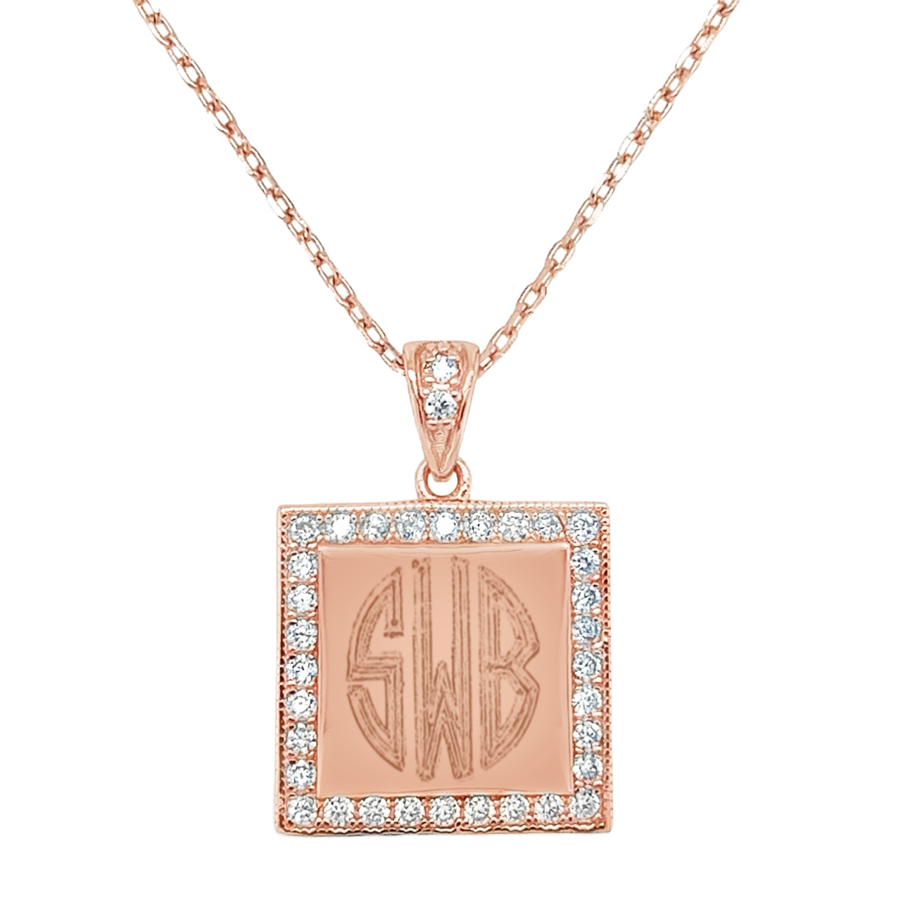Sterling Silver Engravable Square CZ Border Pendant & Bail Necklaces