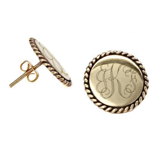 Engravable German Silver Round Rope Trim Stud Earrings