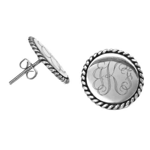 Engravable German Silver Round Rope Trim Stud Earrings