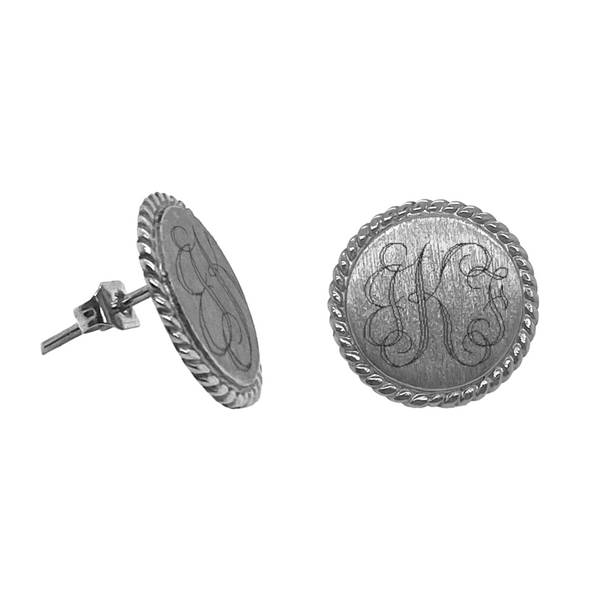 German Silver Brushed Round Rope Trim Engravable Stud Earrings