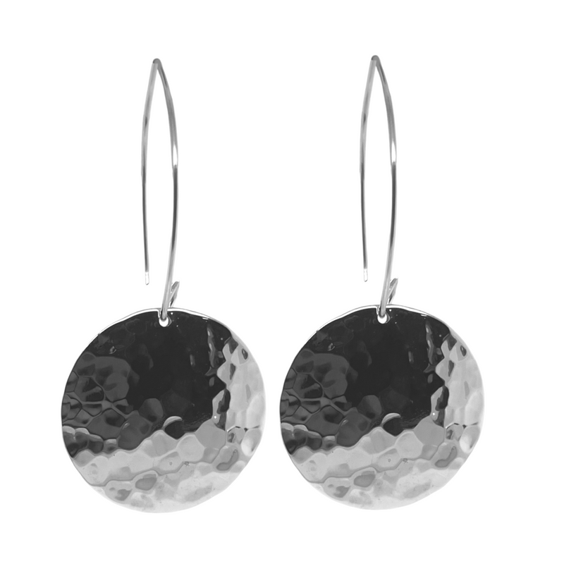 German Silver Hammered Round Long Wire Earrings