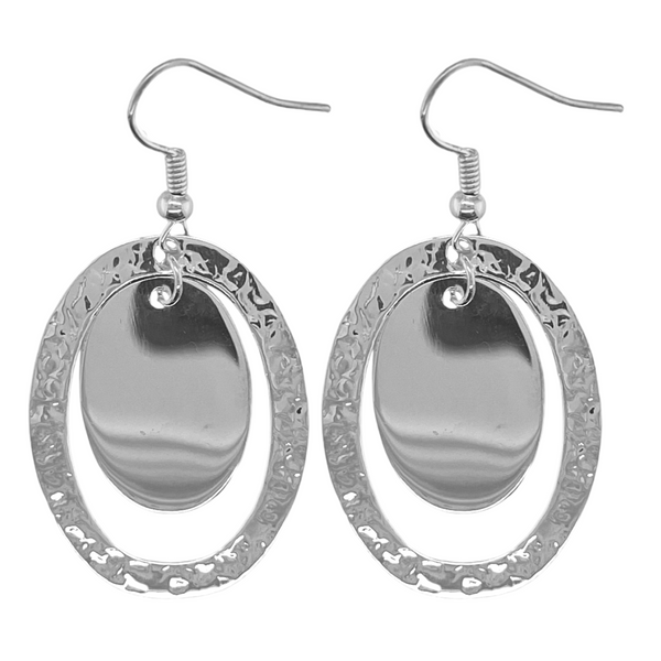 German Silver Engravable Double Oval Hammered Earrings