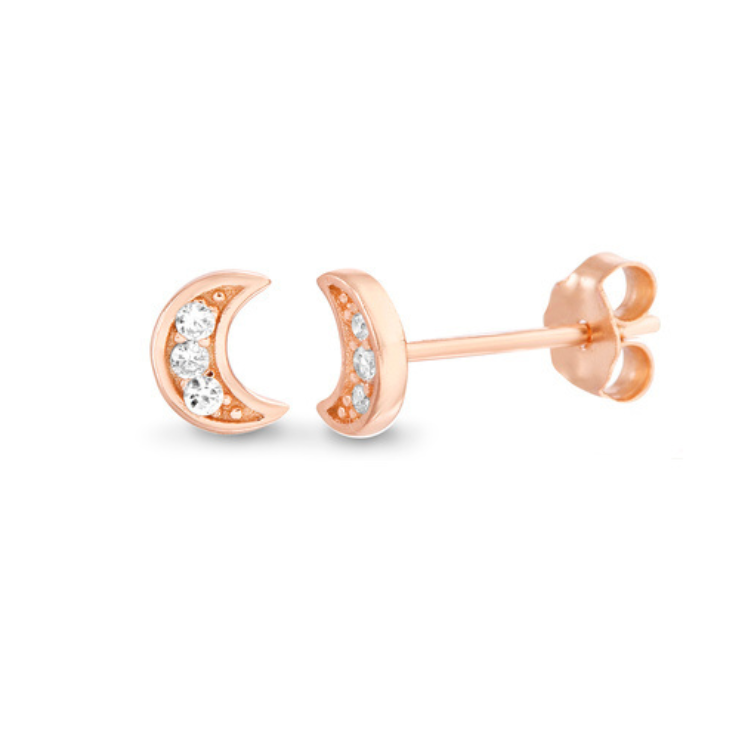 Sterling Silver Rose Gold CZ Crescent Moon Small Stud Earrings