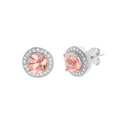 Sterling Silver Round Morganite Clear CZ Halo Stud Earrings