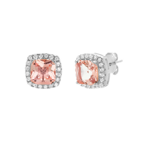 Sterling Silver Princess Cut Morganite Clear CZ Halo Stud Earrings