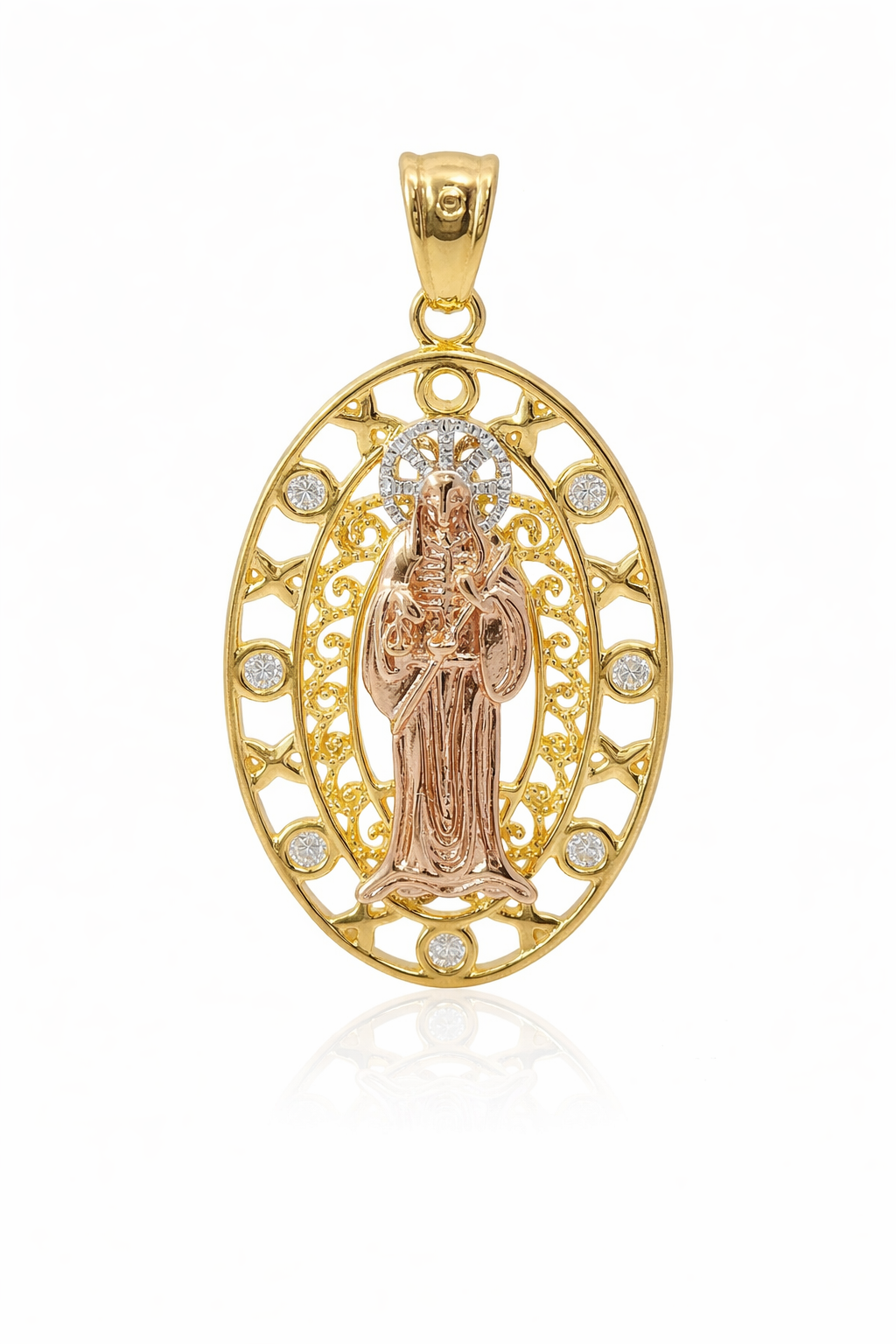 Sterling Silver Tri Color Santa Muerte Oval Pendant