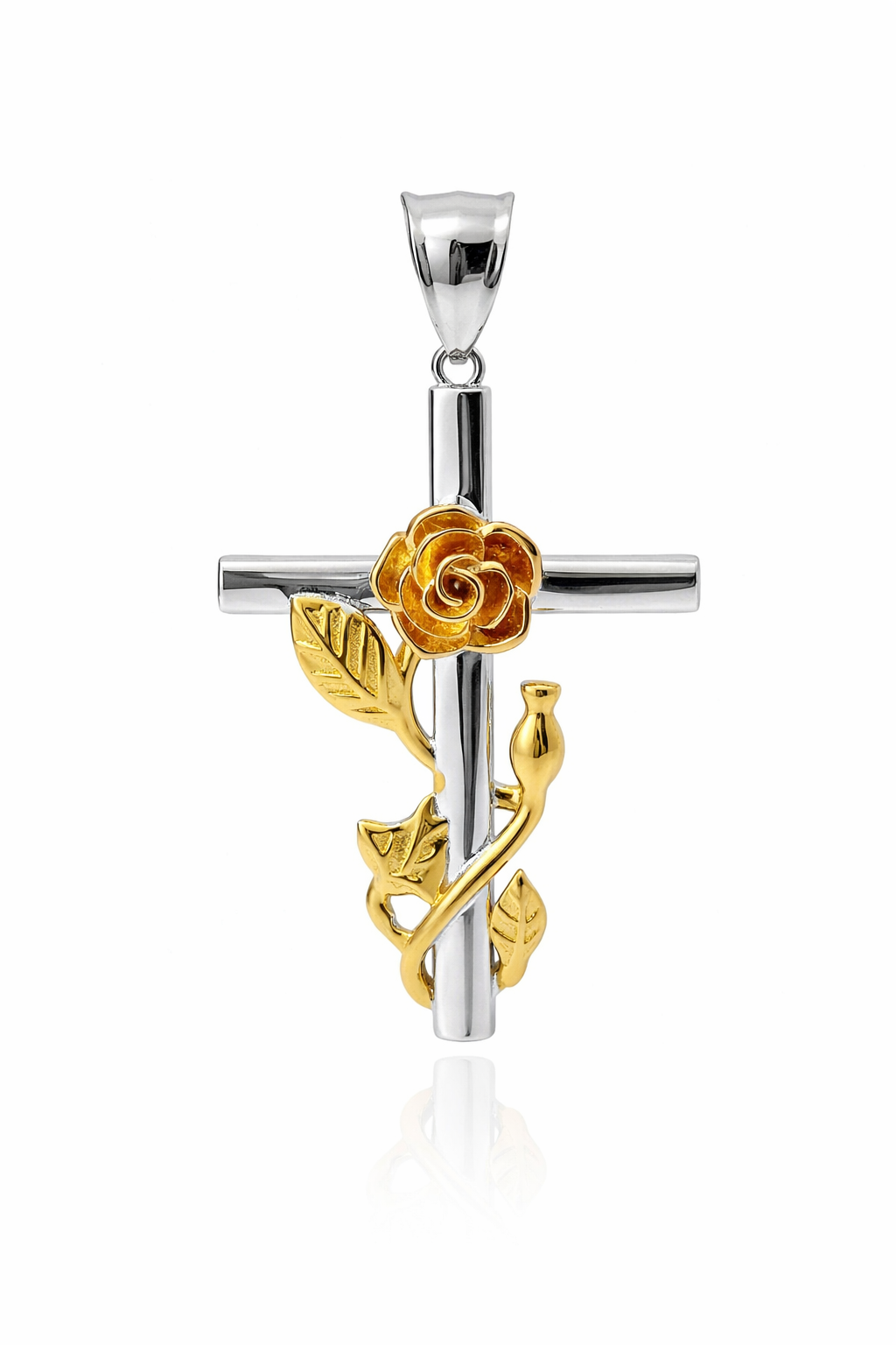 Sterling Silver Tri Color Cross w/ Center Rose Pendant