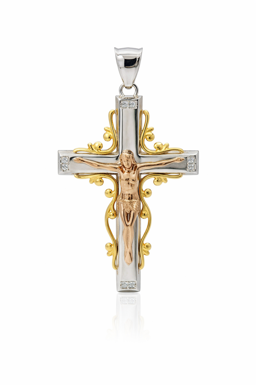 Sterling Silver Jesus Cross Tri Color Pendant