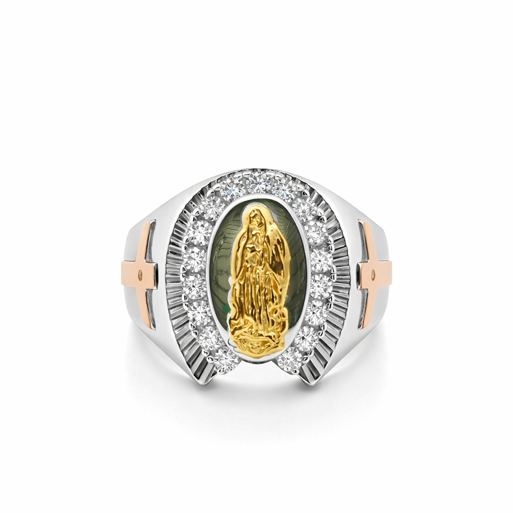 Sterling Silver Mother Mary Tri Color Men's Ring