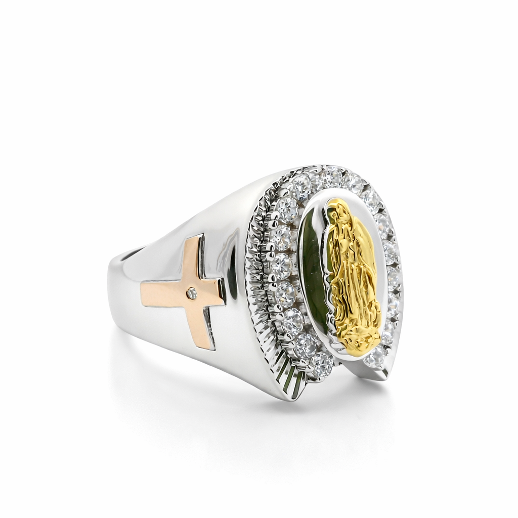 Sterling Silver Mother Mary Tri Color Men's Ring