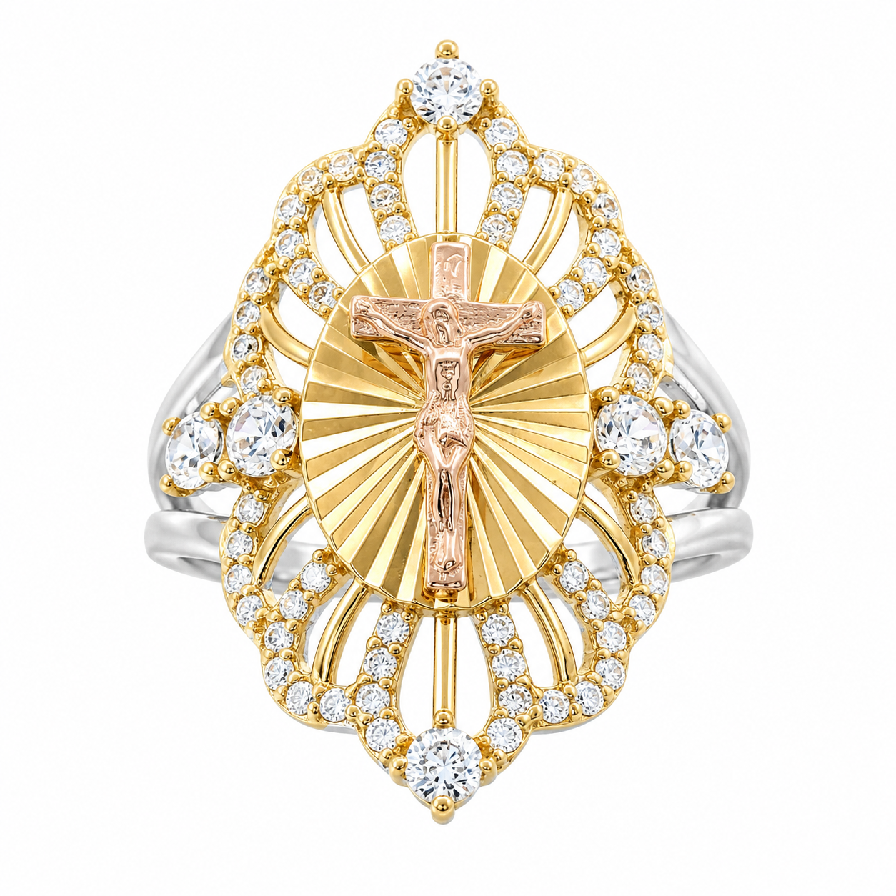 Sterling Silver Tri Color Jesus Cross CZ Ring