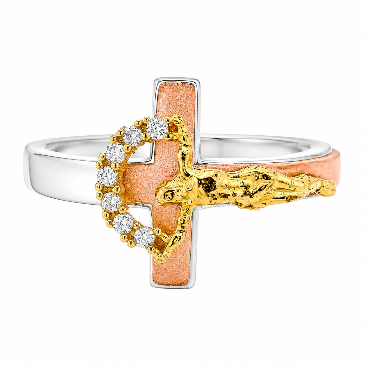 Sterling Silver CZ Tricolor Sideways Crucifix Ring