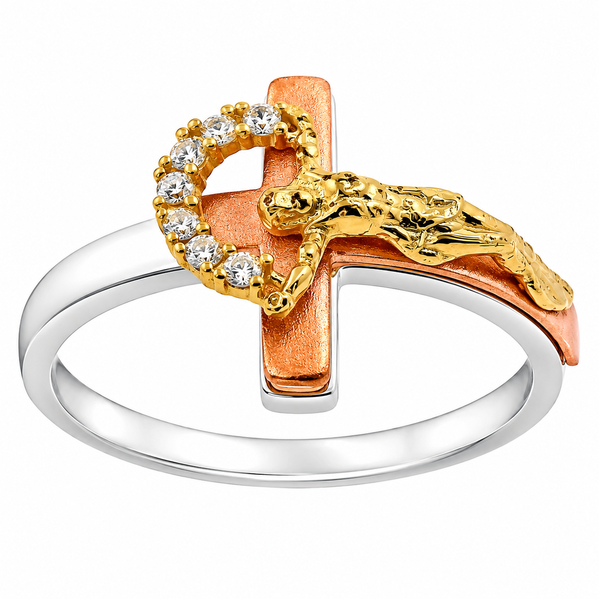 Sterling Silver CZ Tricolor Sideways Crucifix Ring
