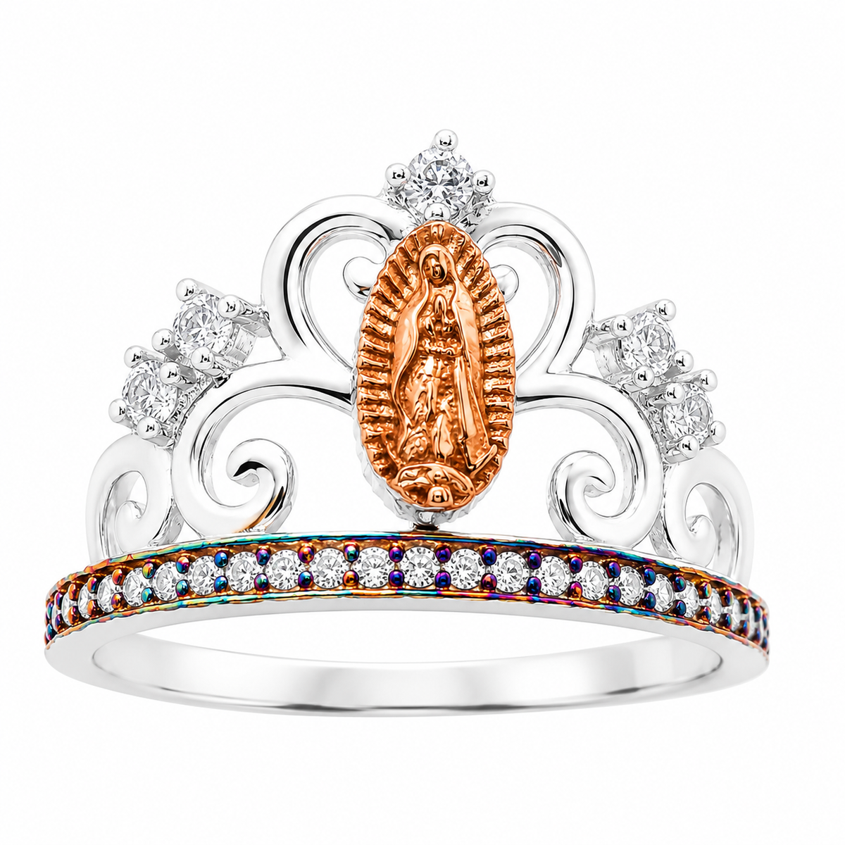Sterling Silver CZ Tricolor Virgin Mary Crown Ring