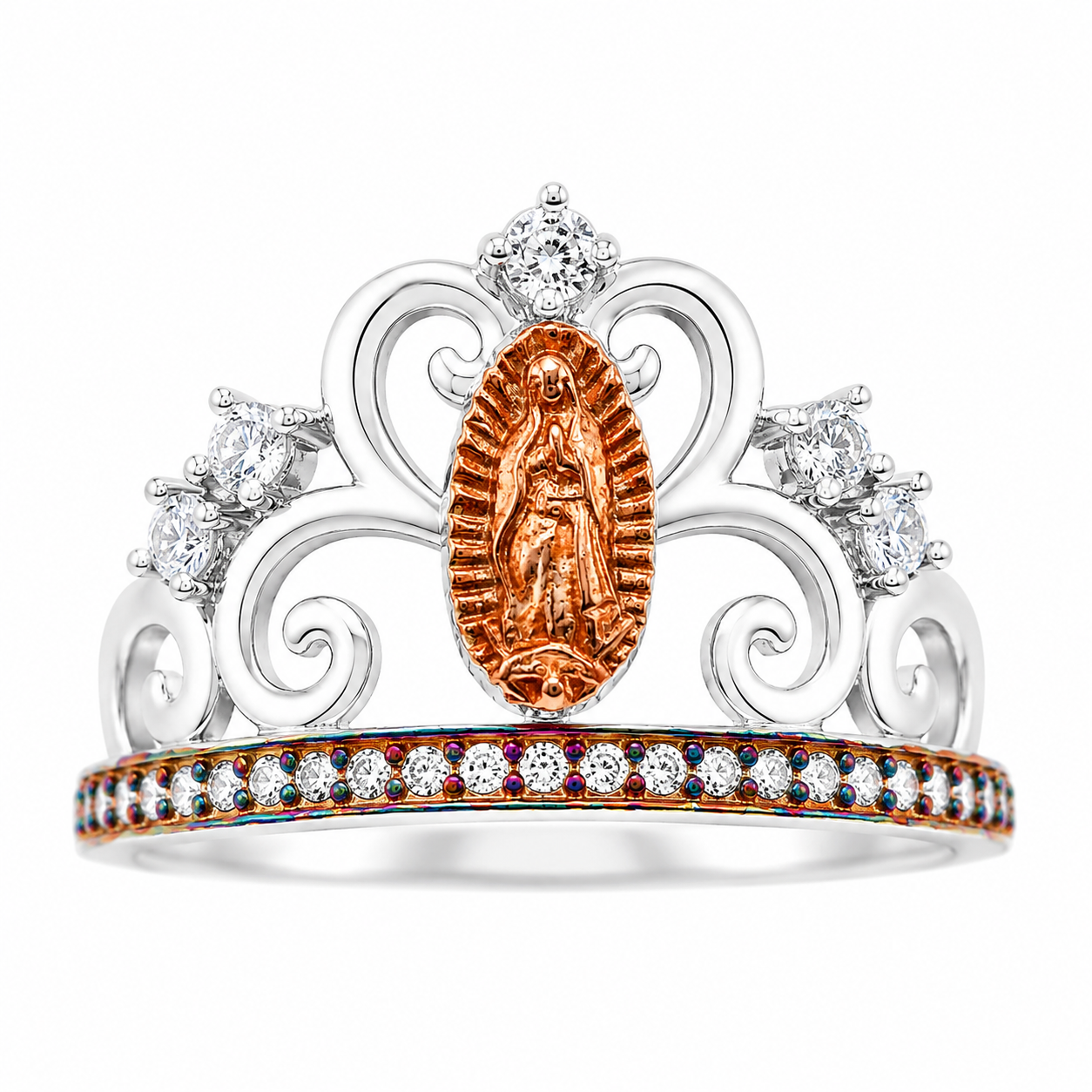 Sterling Silver CZ Tricolor Virgin Mary Crown Ring