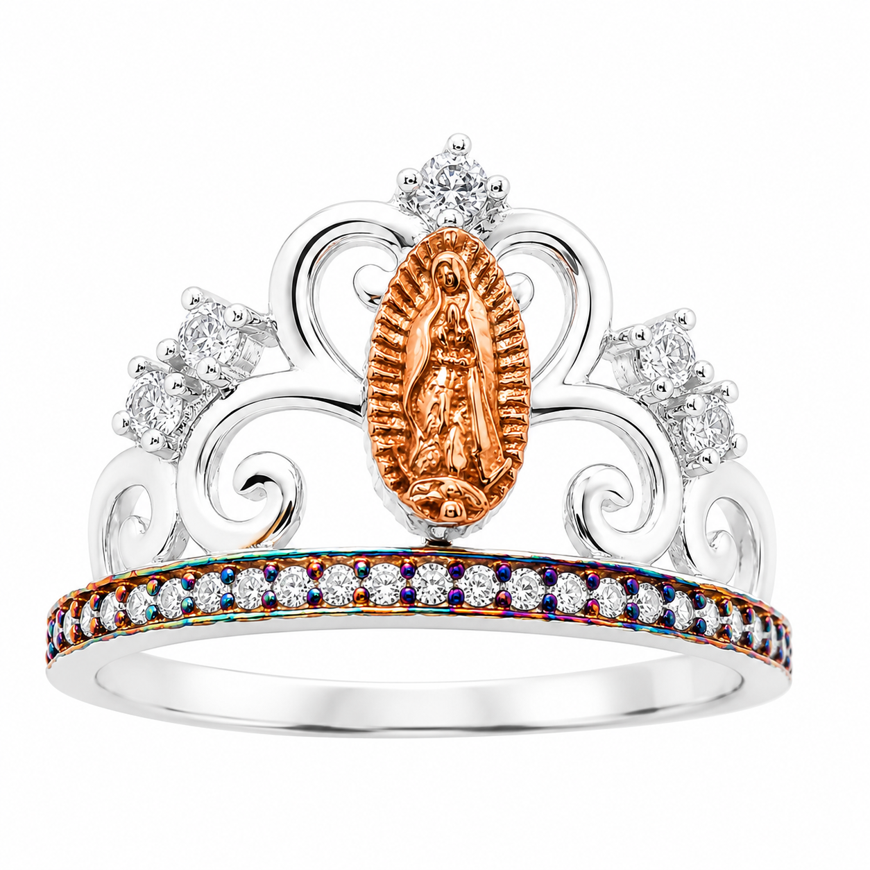 Sterling Silver CZ Tricolor Virgin Mary Crown Ring