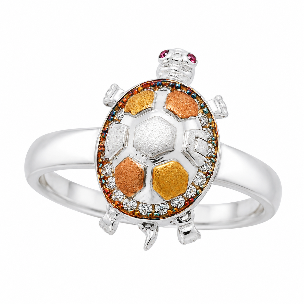 Sterling Silver CZ Tricolor Turtle & Vigin Mary Ring