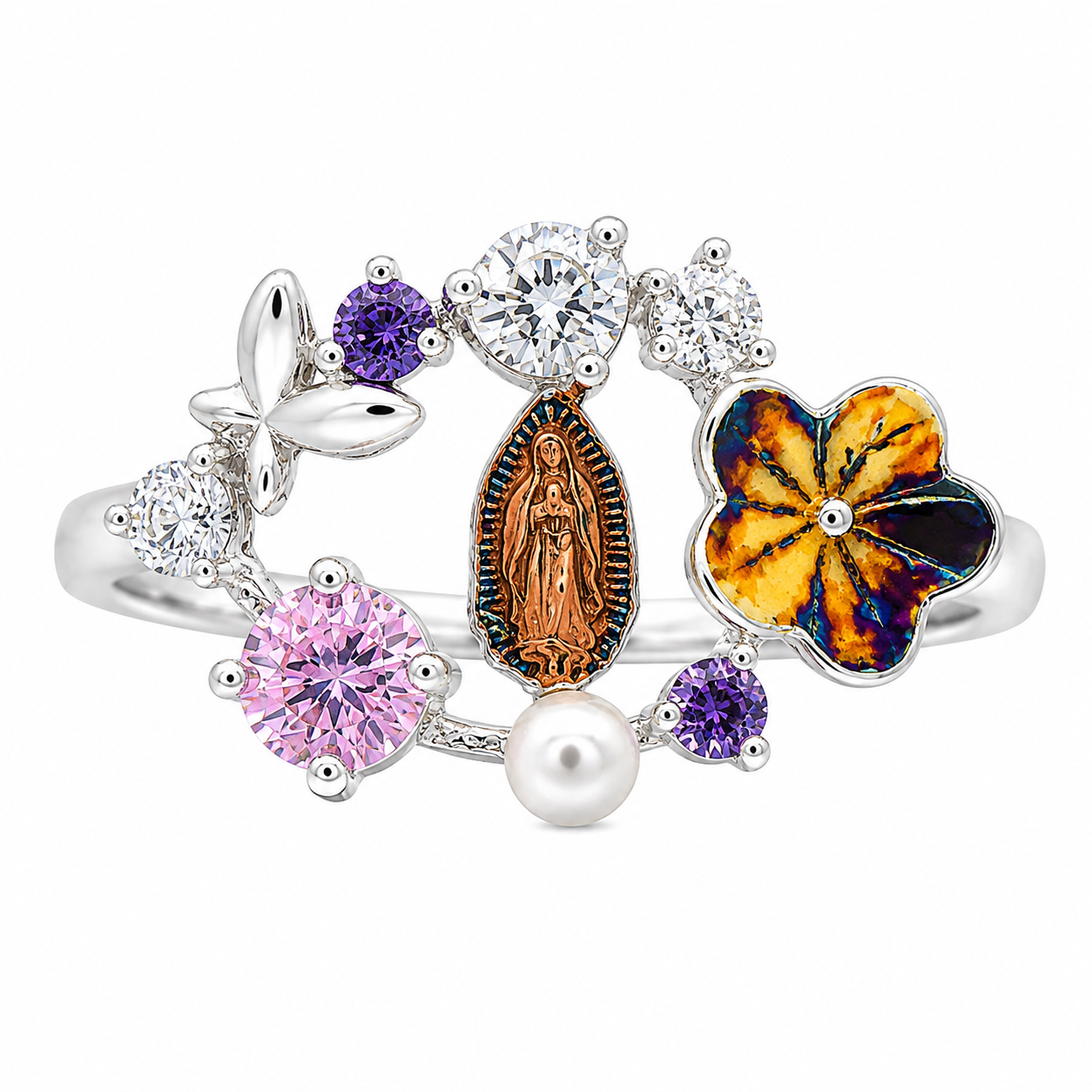 Sterling Silver CZ Multicolor Virgin Mary, Butterfly, Flower Cluster Ring