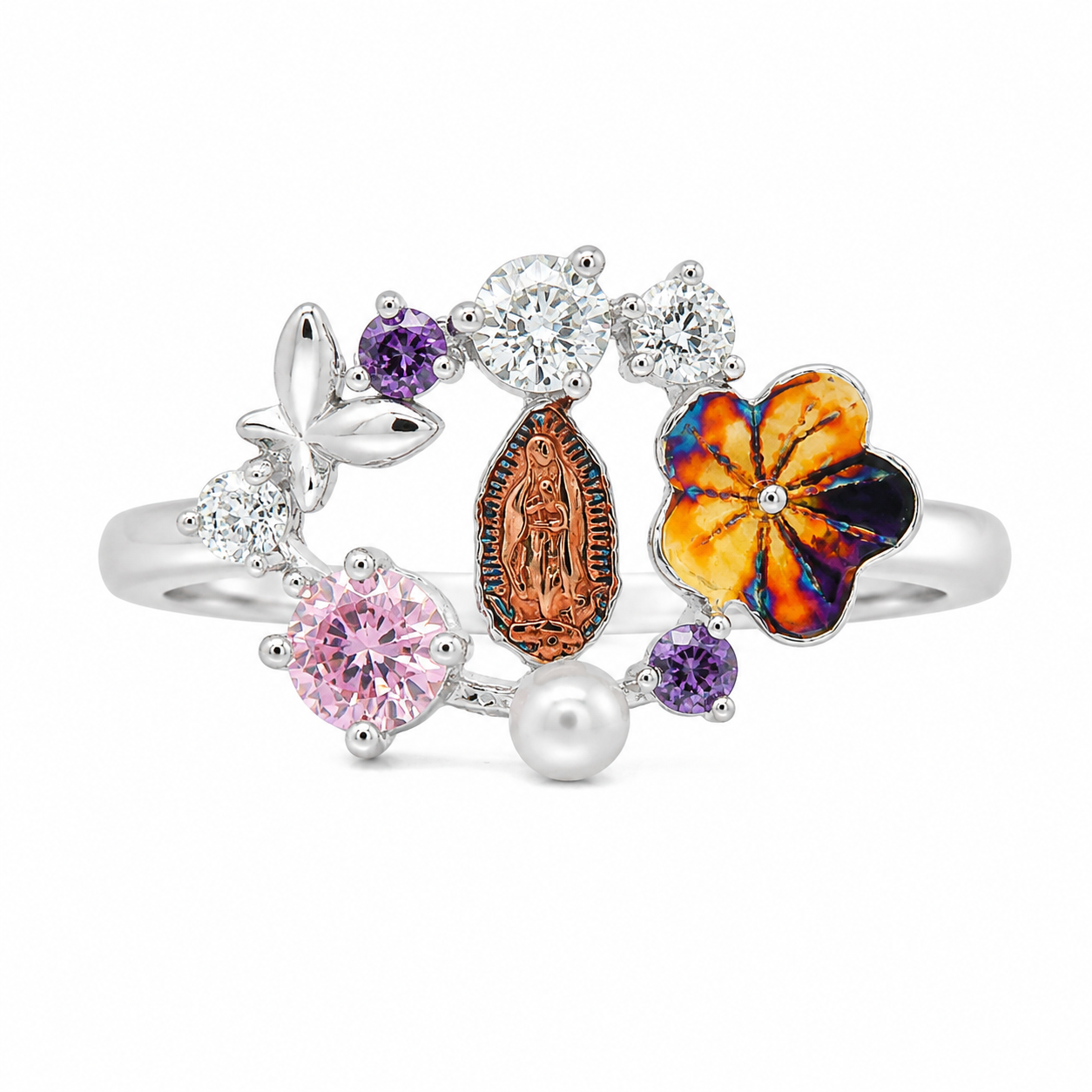Sterling Silver CZ Multicolor Virgin Mary, Butterfly, Flower Cluster Ring