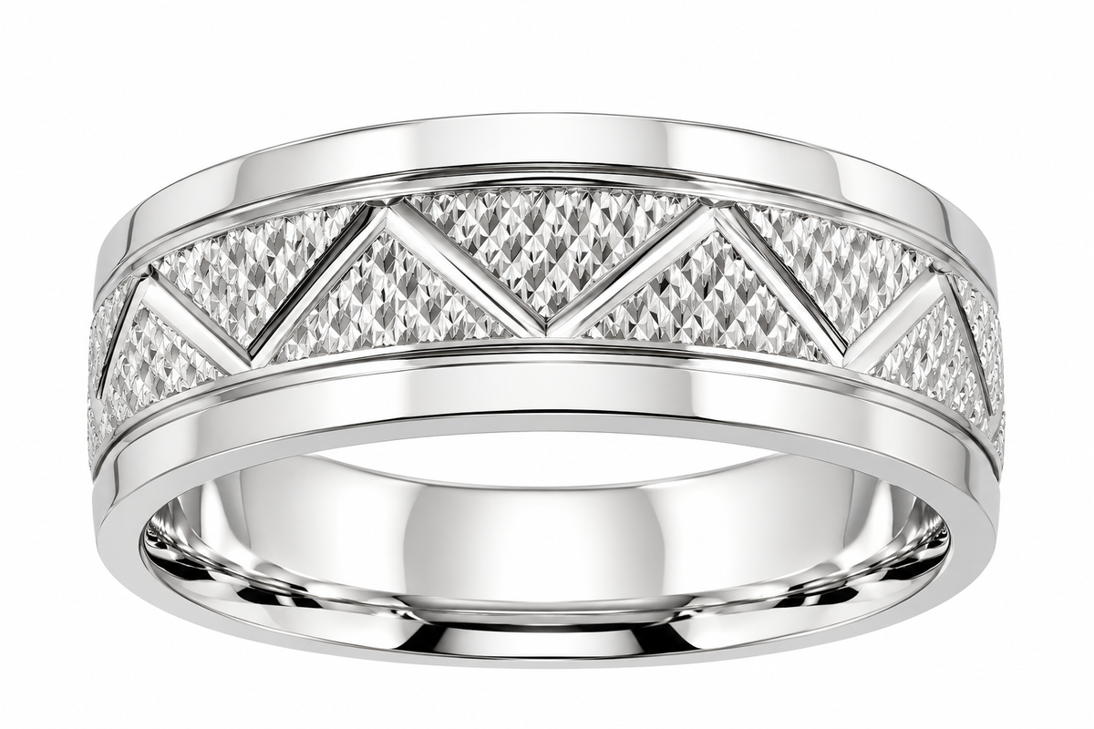 Men’s Sterling Silver 6mm Diamond-Cut Geometric Chevron Wedding Band Ring