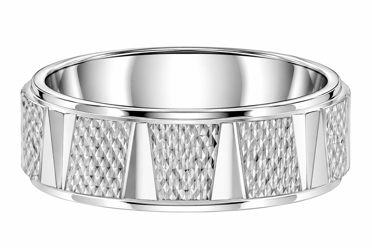 7mm Sterling Silver Men’s Band with Diamond-Cut Textured Geometric Design