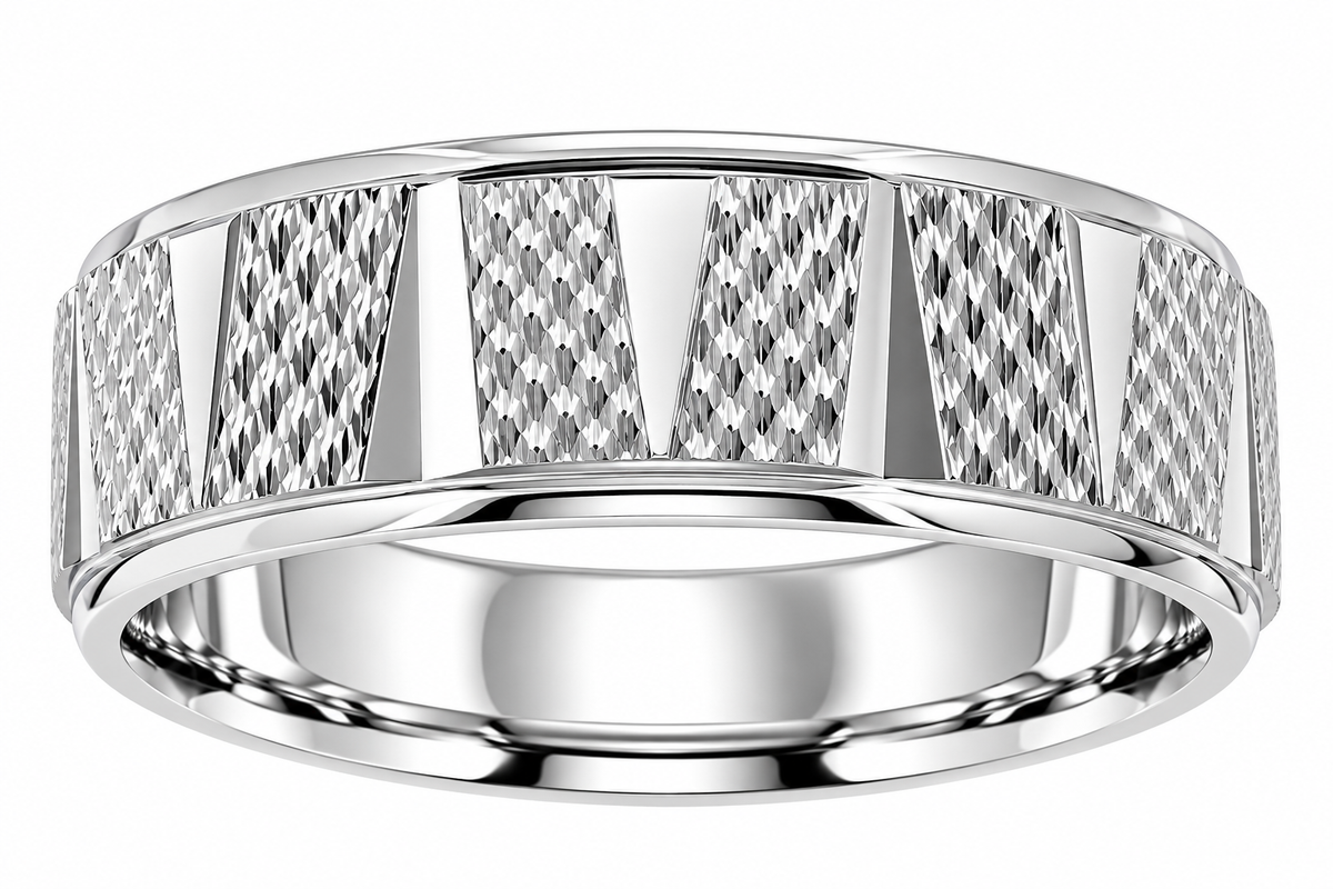 7mm Sterling Silver Men’s Band with Diamond-Cut Textured Geometric Design