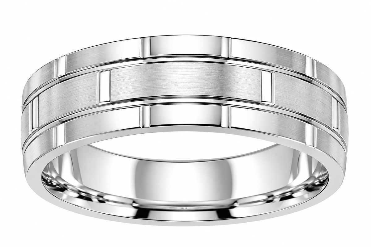 Sterling Silver 6mm Men’s Band with Brushed & Polished Geometric Design