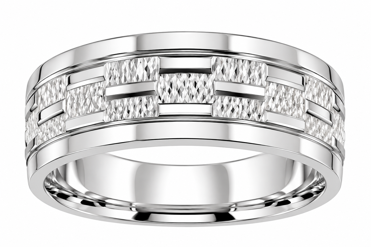 Men’s Sterling Silver Diamond-Cut Geometric Link Wedding Band Ring 7mm