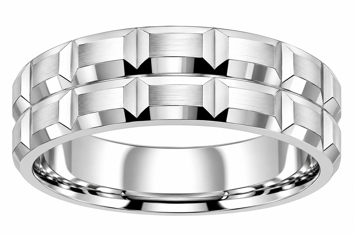 Men’s 6mm Sterling Silver Geometric Faceted Double-Row Wedding Band