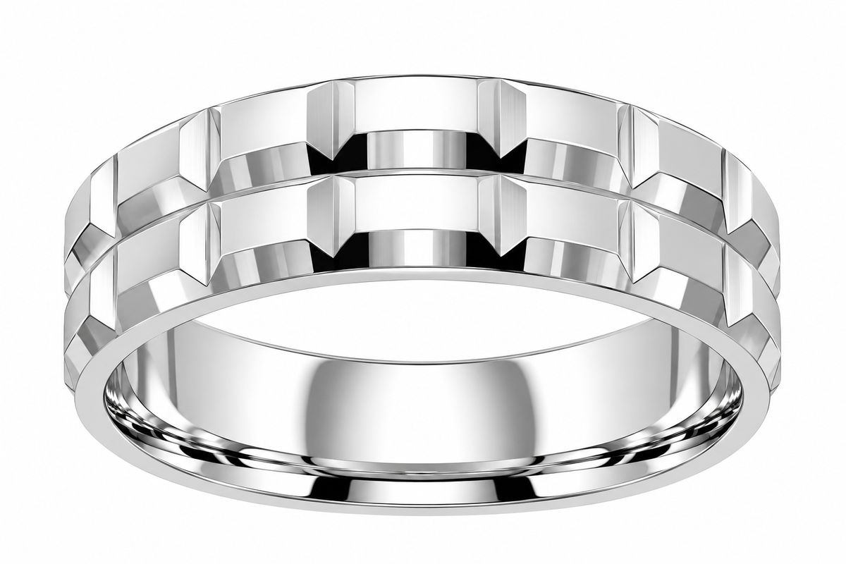 Men’s 6mm Sterling Silver Geometric Faceted Double-Row Wedding Band