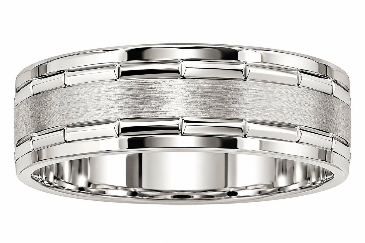 Men’s Silver-Tone Brushed Finish 6mm Wedding Band with Polished Geometric Edge Design