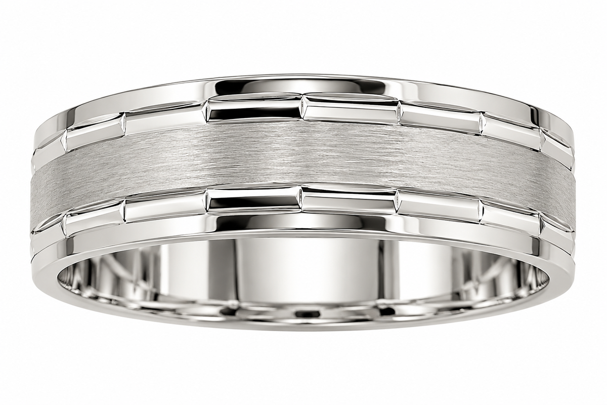 Men’s Silver-Tone Brushed Finish 6mm Wedding Band with Polished Geometric Edge Design