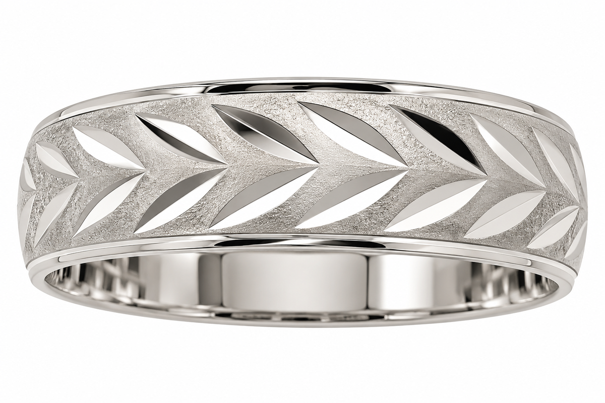 Sterling Silver 6mm Diamond-Cut Chevron Pattern Wedding Band Ring