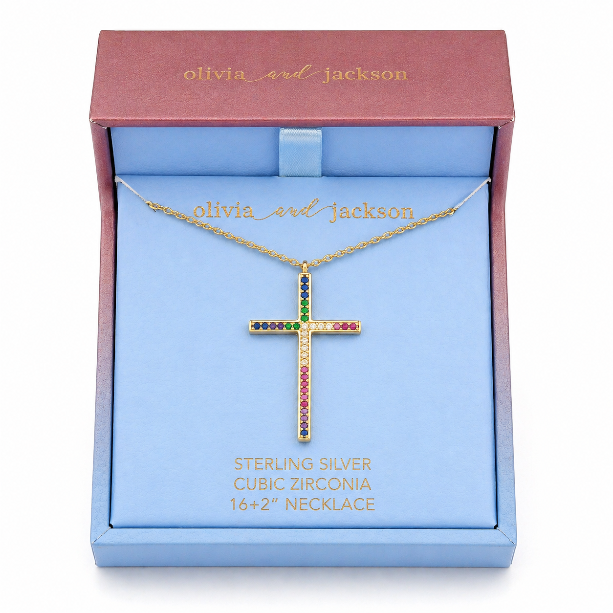 Sterling Silver Gold Plated Rainbow CZ Cross Necklace w/ Box