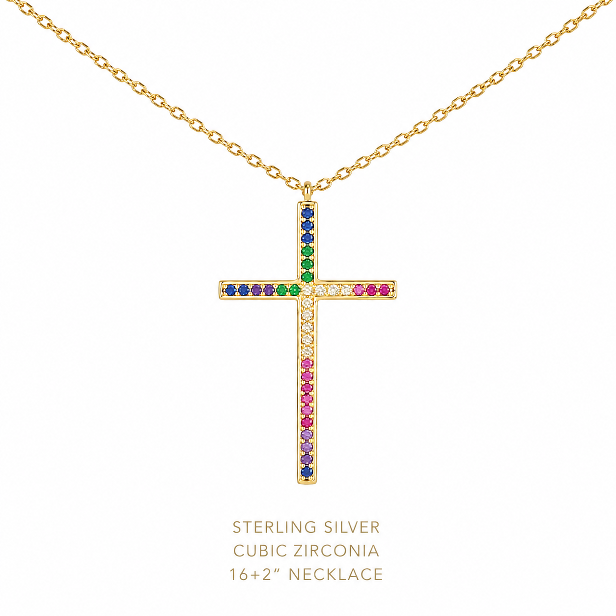 Sterling Silver Gold Plated Rainbow CZ Cross Necklace w/ Box