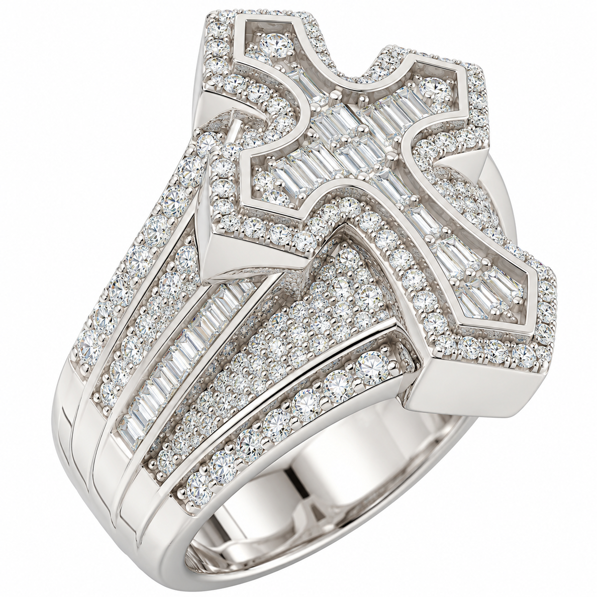 Sterling Silver Baguette Moissanite Pave Cross Men's Ring - 2.0 CTW VVS D