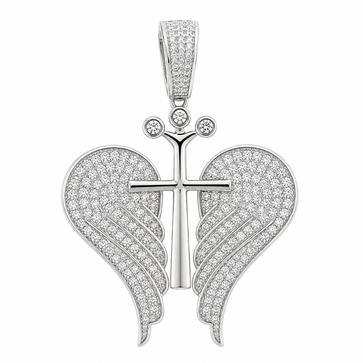 Men's Sterling Silver CZ Angel Wings Cross Pendant