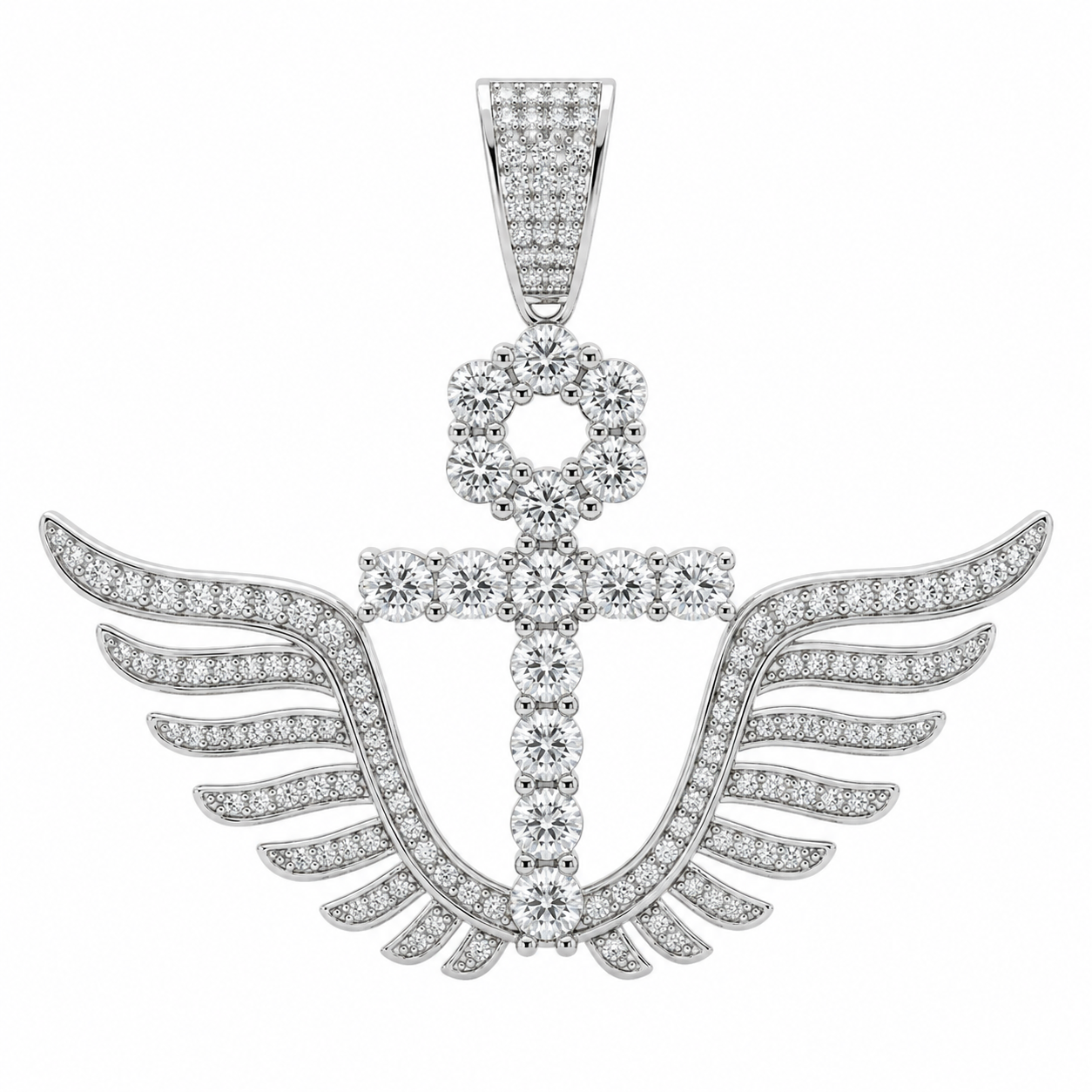 Men's Sterling Silver CZ Angel Wings Ankh Cross Pendant