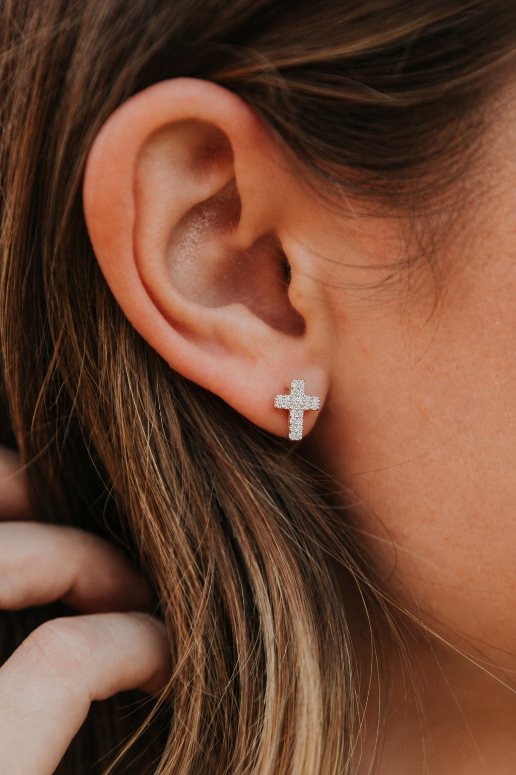 Sterling Silver Moissanite Pave Cross Screwback Earrings
