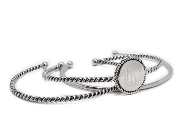 German Silver Engravable Round Rope 3 Piece Cuff Bangle Set