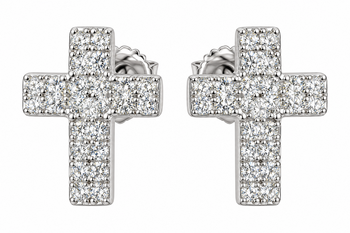 Sterling Silver Moissanite Pave Cross Screwback Earrings