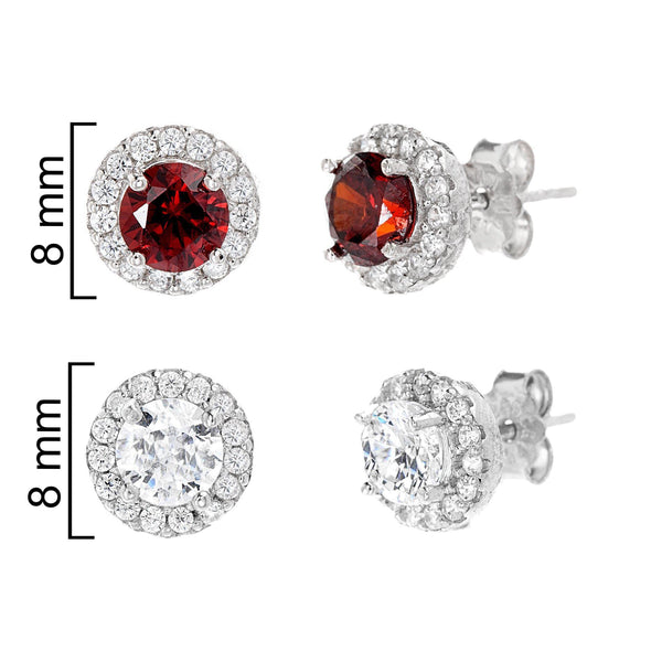 Sterling Silver Ruby & Clear CZ Halo Studs 2 Piece Earrings Set
